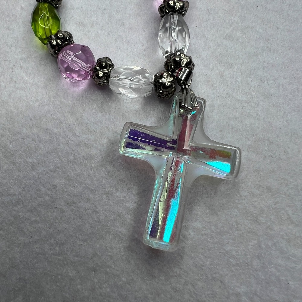 Iridescent Glass Cross Pendant Beaded Necklace Pink Green Clear Silver Tone 20" - Picture 2 of 7